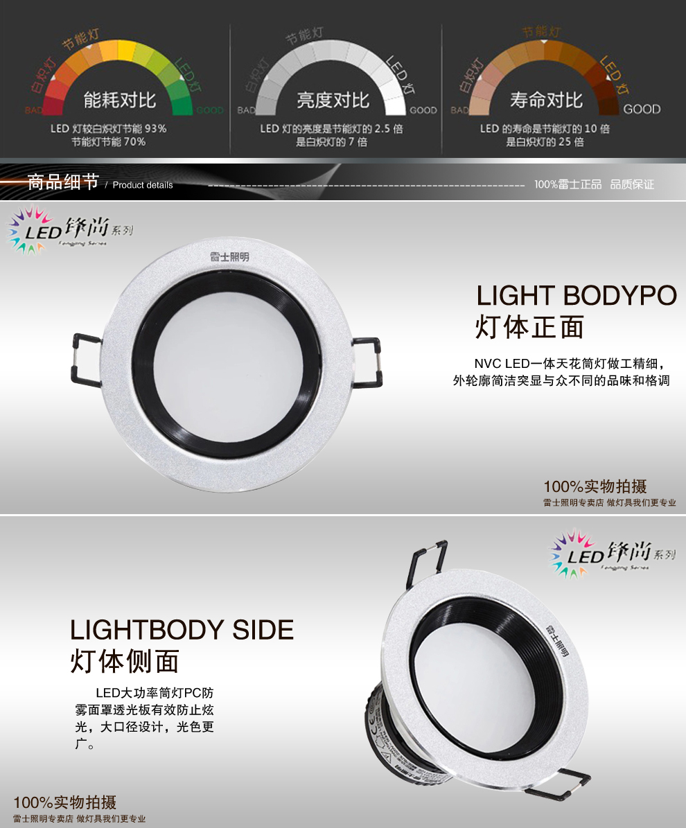 雷士照明NVC LED筒灯射灯 一体化防雾护眼天花灯具 过道客厅吊顶灯 砂银面罩 暖白