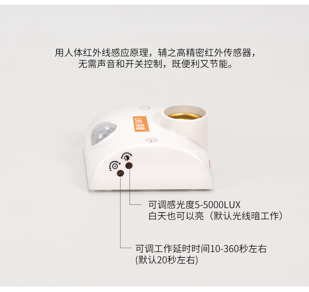 
                                        【京东配送】人体红外感应灯头灯座开关延时可调LED灯节能灯感应开关插座可替代声控光控86型                