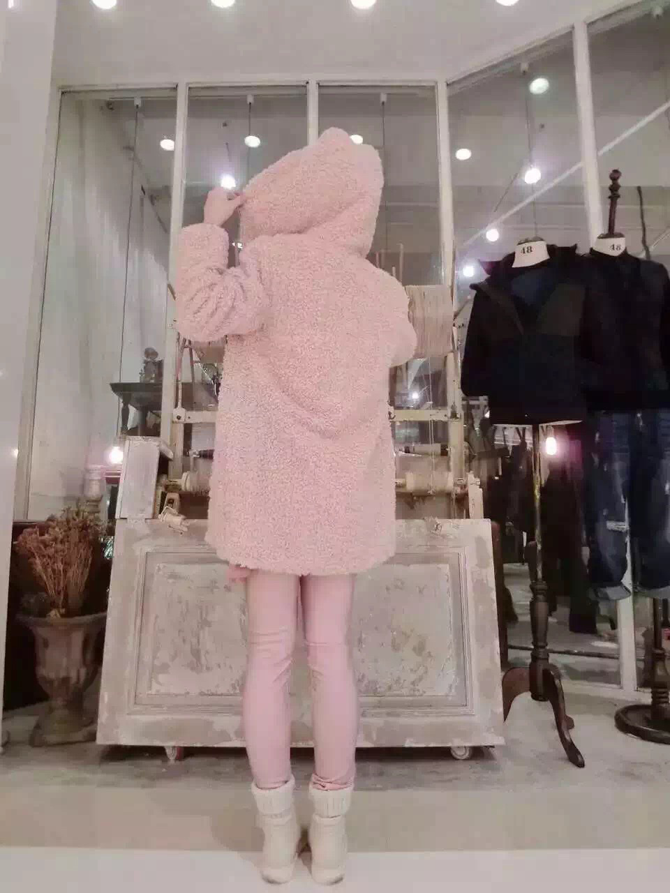 梦婕妤 欧洲站2015冬装新款修身显瘦中长款毛呢大衣羊羔毛保暖外套女装潮 粉红色 XL