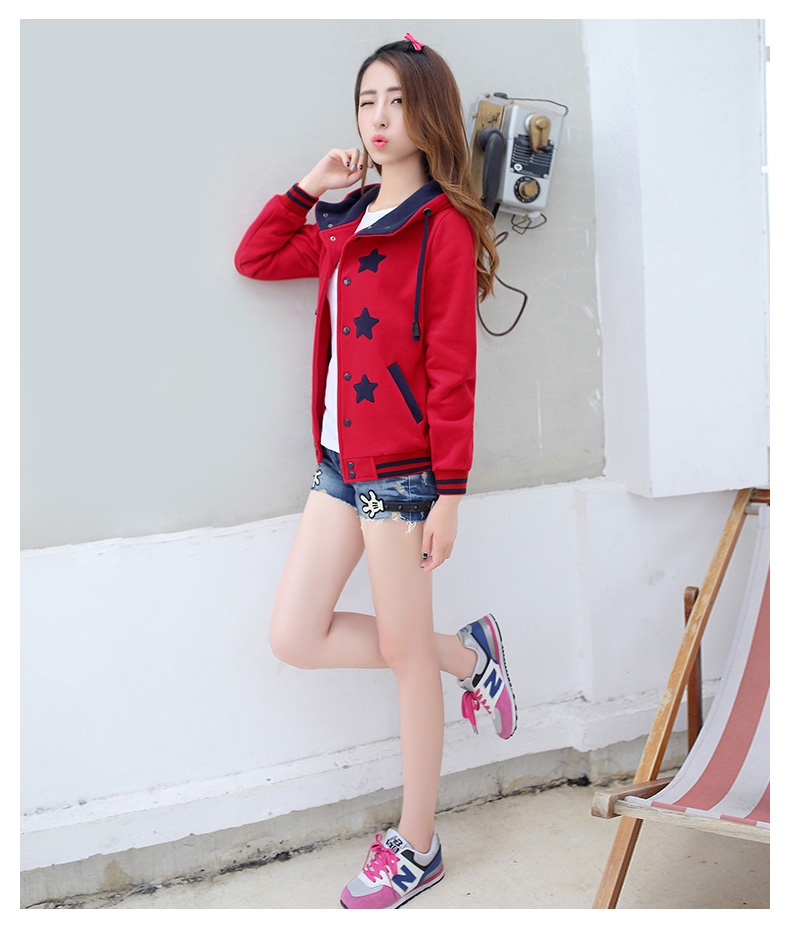 歌薇妮2015学院风连帽少女初高中学生加厚卫衣外套女春秋棒球服开衫外套 米白色 M