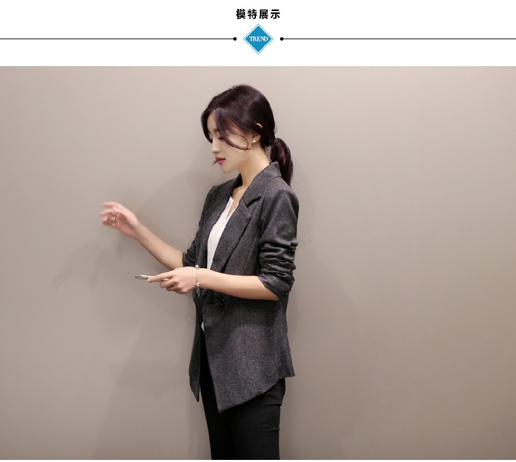 HI!JANE2016春秋季新款女士小西装长袖韩版外套秋装修身职业女装棉麻小西服女 黑色 XXL