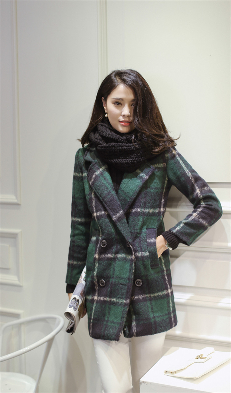 E77℃ 欧洲站2015秋冬款女装中长款英伦格子毛呢大衣韩版风衣加厚保暖毛呢外套潮 9680#绿格子 XL