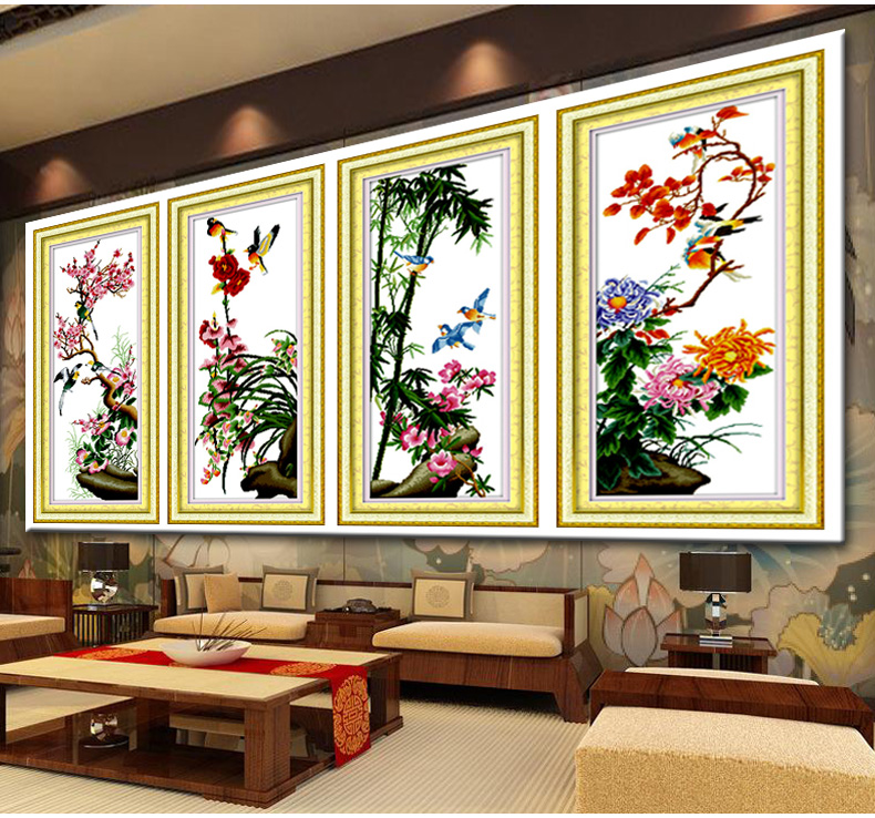 A KS点钻十字绣套件新款钻石绣贴钻画梅兰竹菊钻石画竖版圆钻客厅四联画系列水晶钻石秀钻粘画 QT6371兰 长0.45米*宽0.98米