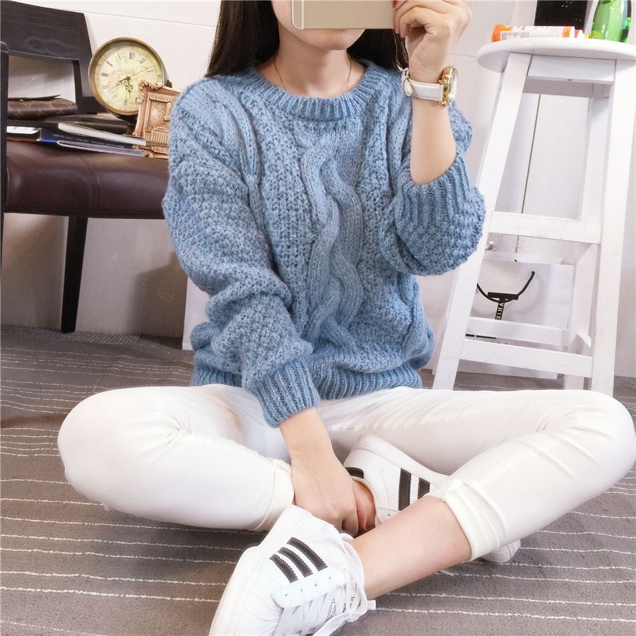 苏诗尼SUSHINI麻花毛衣针织衫女套头外套新款学生上衣冬装加厚女毛衣圆领 蓝色 均码