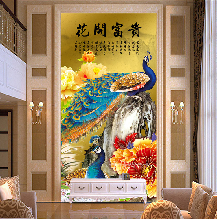 
                                        千尚十字绣新款客厅竖版钻石绣满钻钻石画花开富贵孔雀牡丹图 方钻满钻68*123CM                