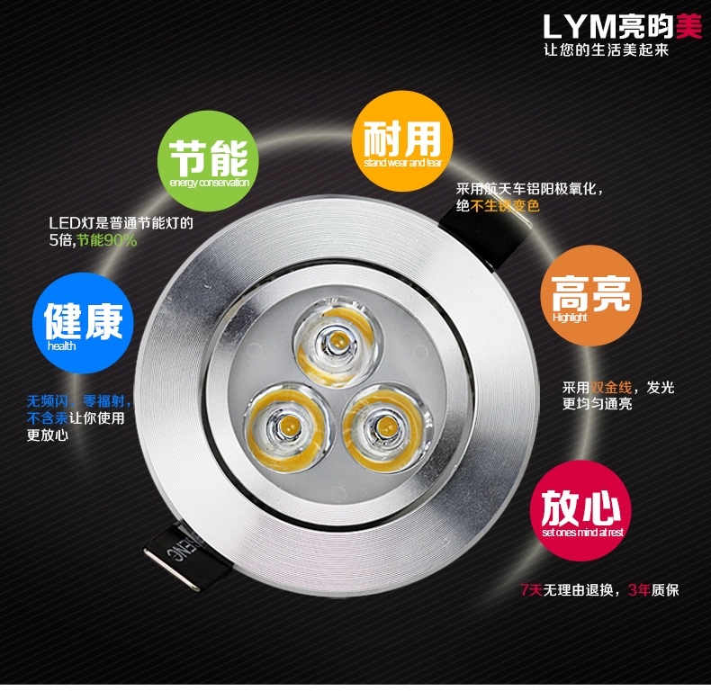 亮昀美LYM LED射灯天花灯3WTHDJ008 磨砂银3W-白光