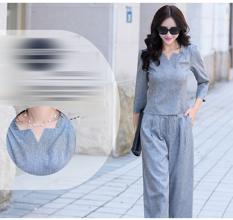 梵采儿 2015秋装新款女装时尚套装阔腿裤两件套长裤名媛棉麻修身休闲套装9003 灰色. XL