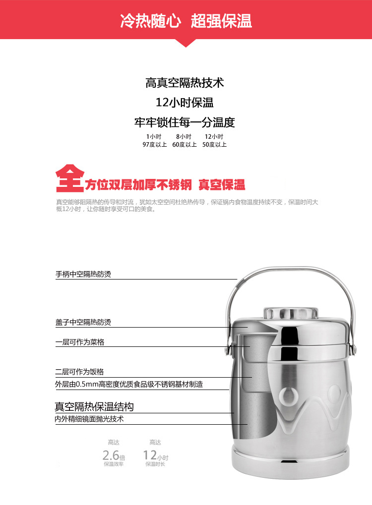 
                                        兴财旗舰店304不锈钢双层真空保温桶饭盒保温提锅大容量便当饭盒餐盒 2.5L提篮单只装                