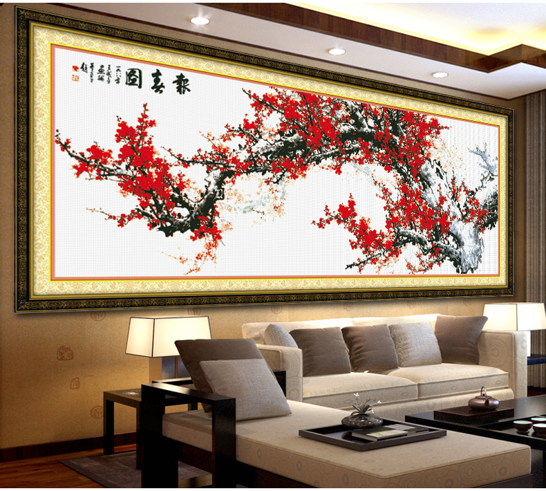鸿胤皇室蒙娜丽莎新款十字绣客厅十字绣梅花报春图花卉大幅精准印花系列餐厅挂画 W262(简易14种绣线版) 长1.84米*宽0.65米