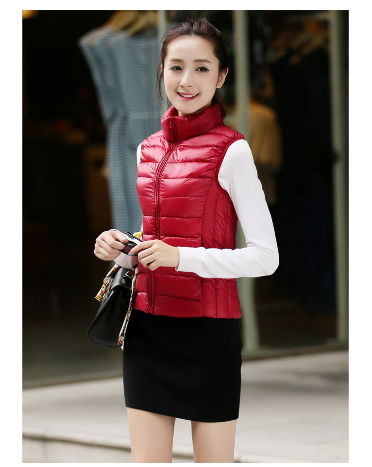乔媞2015新款无袖羽绒服女轻薄马甲立领简约 修身显瘦背心时尚百搭加大码外套 酒红色 XL