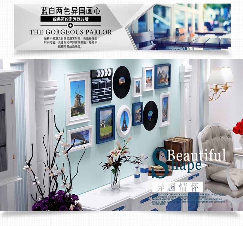 吉朵芸 实木照片墙 客厅背景照片墙 办公室相框组合 创意公司形象装饰设计墙 复古风格 蓝白两色---异国画心