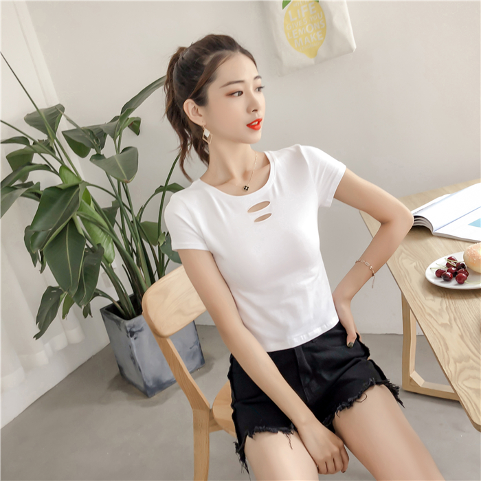 高腰衣女短款短袖t恤女夏超短装肚脐衣服漏肚子韩系chic学生上衣 白色