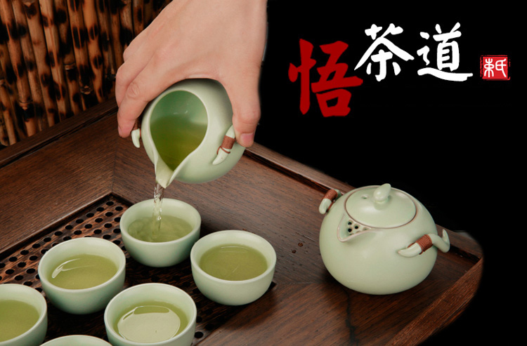 
                                        束氏 汝窑茶具套装 功夫茶具套装茶盘茶海茶具杯 茶具套装功夫茶 整套茶具 组合六 8头汝窑天青祥云黑檀大套组002783                