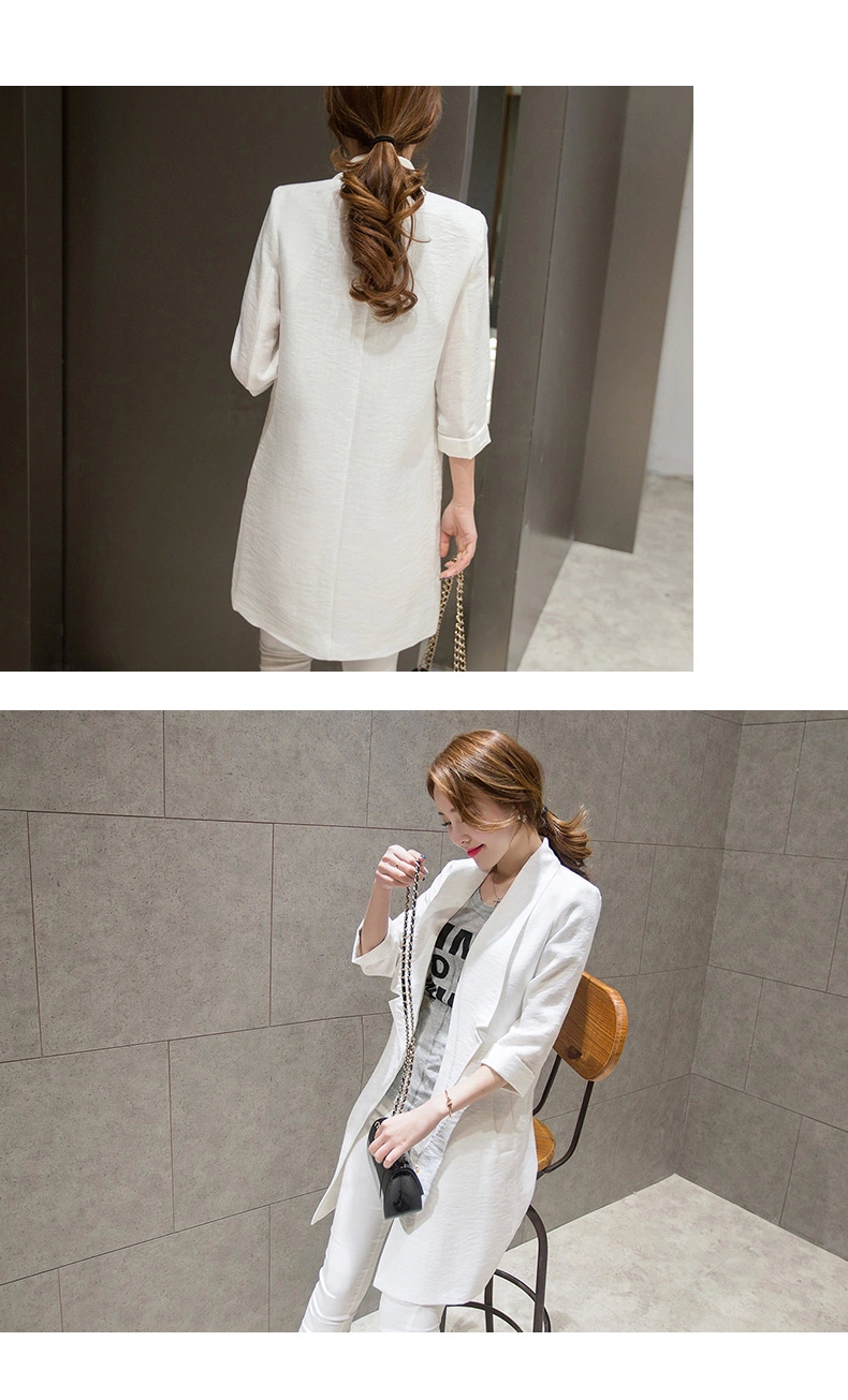 靓昕阁 2015秋季新品 韩版修身七分袖中长款休闲西服棉麻薄外套 9223 白色 L