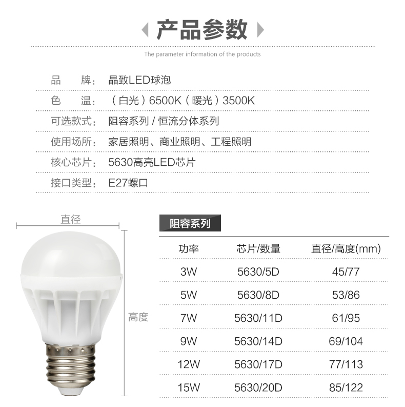 晶致照明 led灯泡节能灯E27大螺口白光3W5W球泡灯 E14小螺口家用大功率灯 3WE27白光高亮款