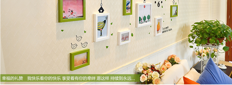 
                                        古笛 实木照片墙 清新小鸟墙贴钟表相框组合 相框墙相片墙HD-0143 白原几米抽象组合                
