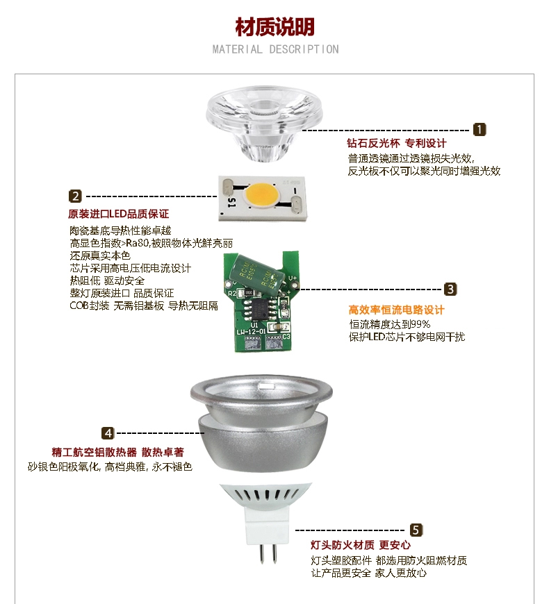 莱维led射灯灯杯led孔灯牛眼led洞灯灯筒灯天花灯射灯3w水晶COB射灯3W6W 6瓦暖光MR16/12V 底座