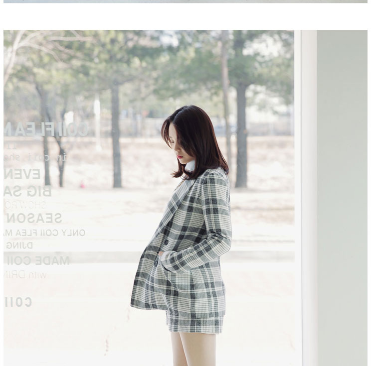 靓莎绮2015秋冬韩版个性长袖宽松直筒格子西服套装+外套两件套Y3614 深灰色 L