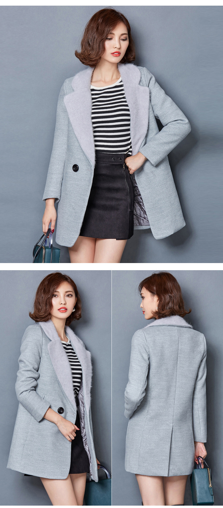 怡情蜜2015冬装新款加厚夹棉大码毛呢外套女中长款韩版仿貂毛领毛呢大衣中长款 冬 灰色 2XL