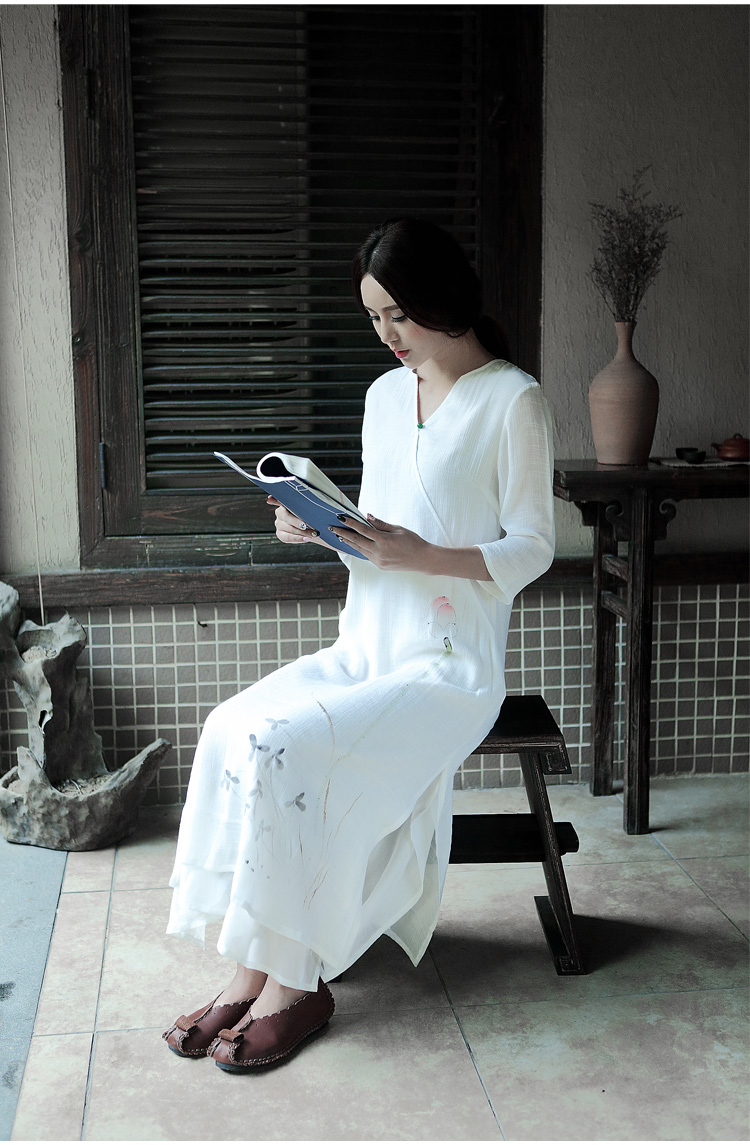 2016春装新款棉麻女装七分袖手绘连衣裙长裙中国风禅服茶服 白色 s
