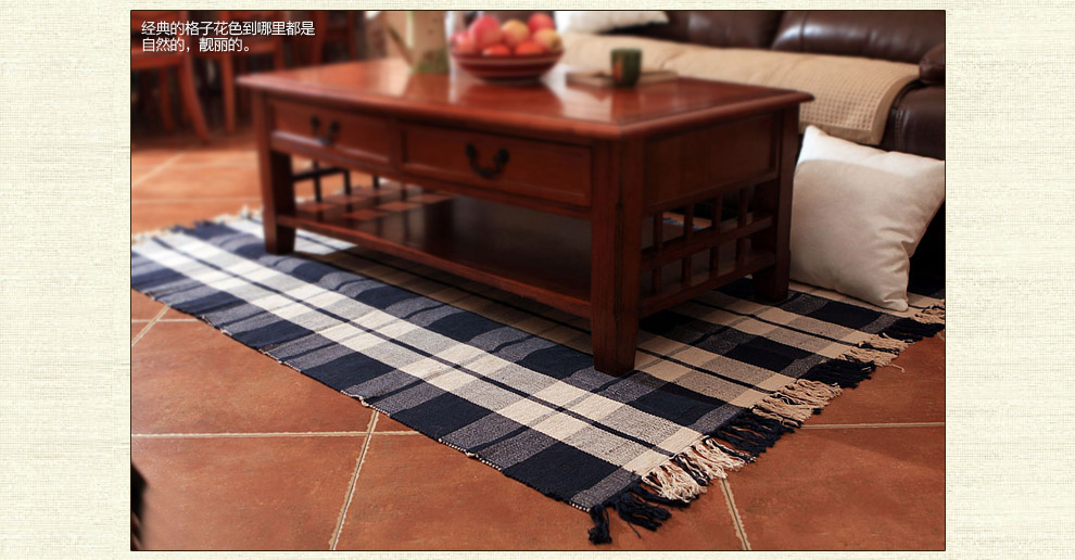 
                                        朴居 地毯客厅卧室茶几手工地垫棉麻编织 格子地毯 蓝色 130*190cm                