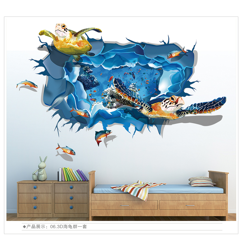 大流形墙贴  3D立体画视觉墙贴画墙壁客厅装饰沙发背景墙个性创意海洋海底贴纸 01 3D企鹅群. 特大