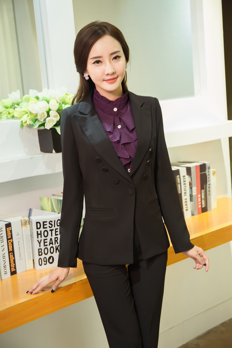 青果秋冬职业装女士西服职业套装长袖ol修身正装面试工作服 黑色 xxxl