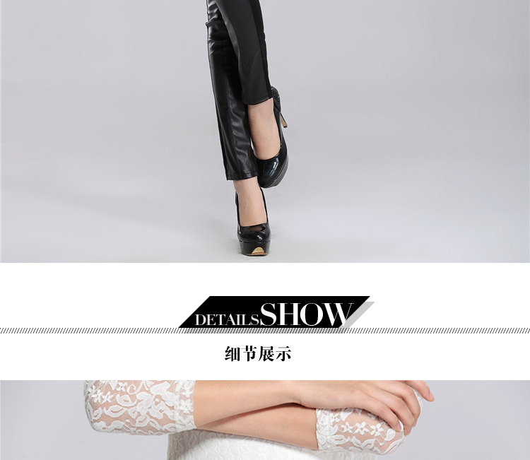女人镜 2015冬季显瘦外穿小脚蕾丝拼皮打底裤加绒大码中腰铅笔裤#N3002 黑色 L
