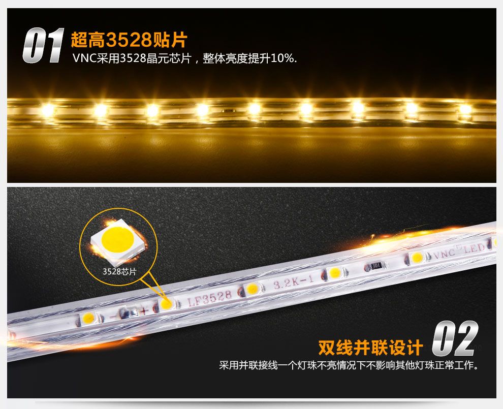 
                                                                                V-POWER LED灯带贴片超高亮SMD3528背景灯支架220V暗槽灯软线国标灯条 暖白光                