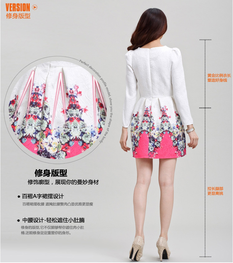 木子小虫 连衣裙2015新款秋冬女装时尚修身长袖简约印花中裙 红花草  M
