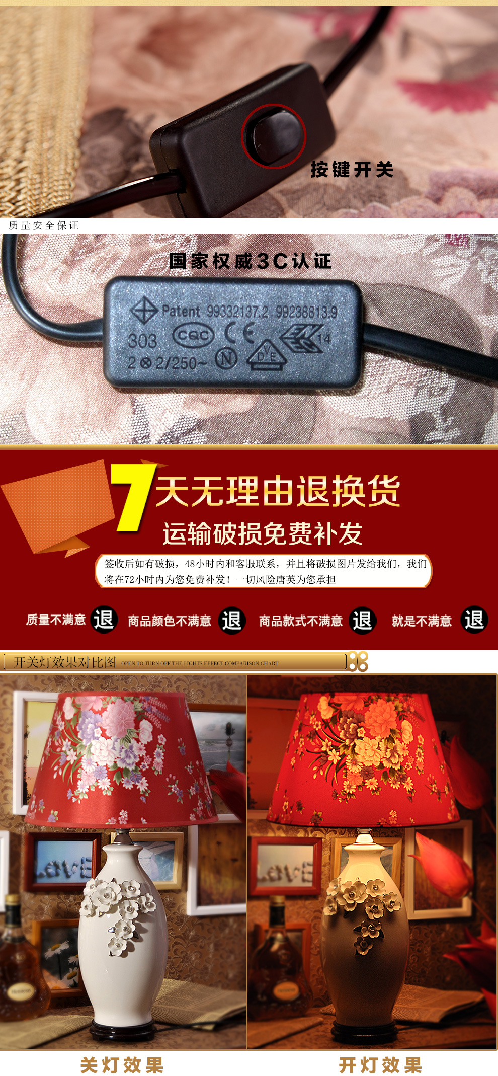 陶瓷器卧室装饰台灯 床头灯具 田园喜庆灯饰送光源  景德镇唐英花盈秀景