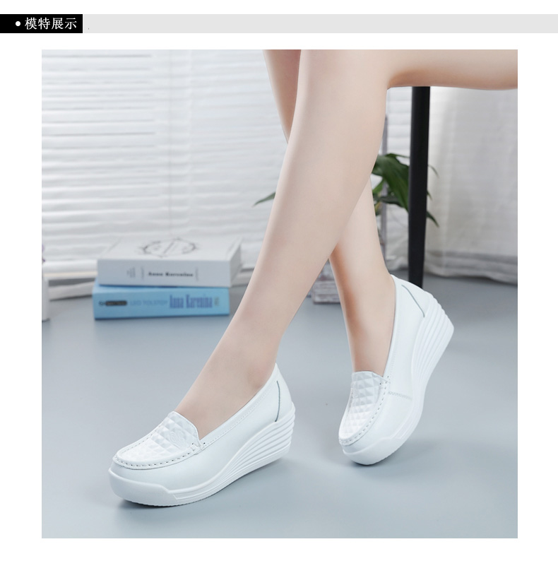 春夏时尚皮松糕鞋女厚底护士皮鞋妈妈鞋白色韩版百搭高坡跟单鞋 月色