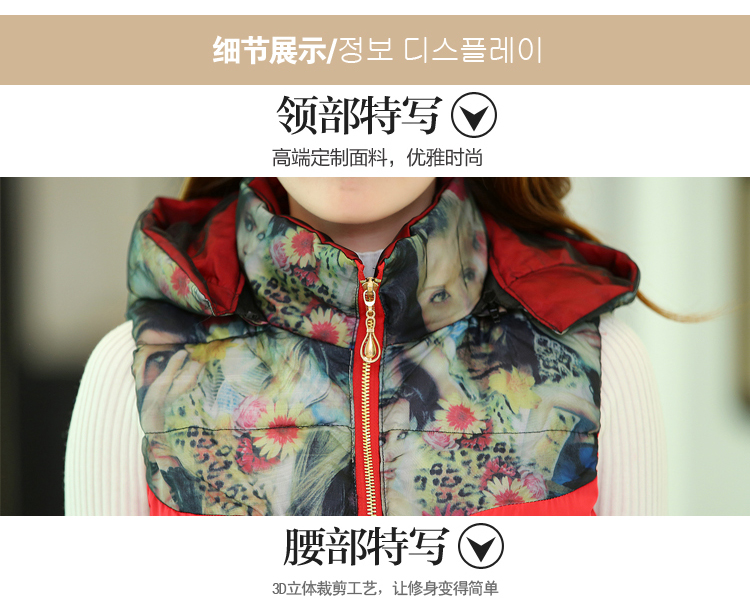 布伊莲 2015秋装新款 韩版时尚修身显瘦甜美学院风印花羽绒马甲轻薄女短款棉服 绿色 XL