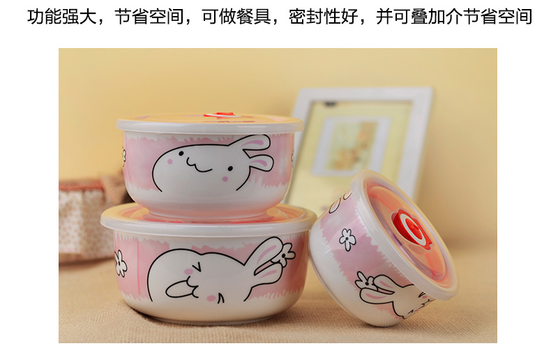
                                        宝塔 陶瓷保鲜碗三件套 保鲜盒套装 微波炉饭盒 泡面碗便当盒 便携旅行旅游礼品骨瓷餐具 流氓兔                
