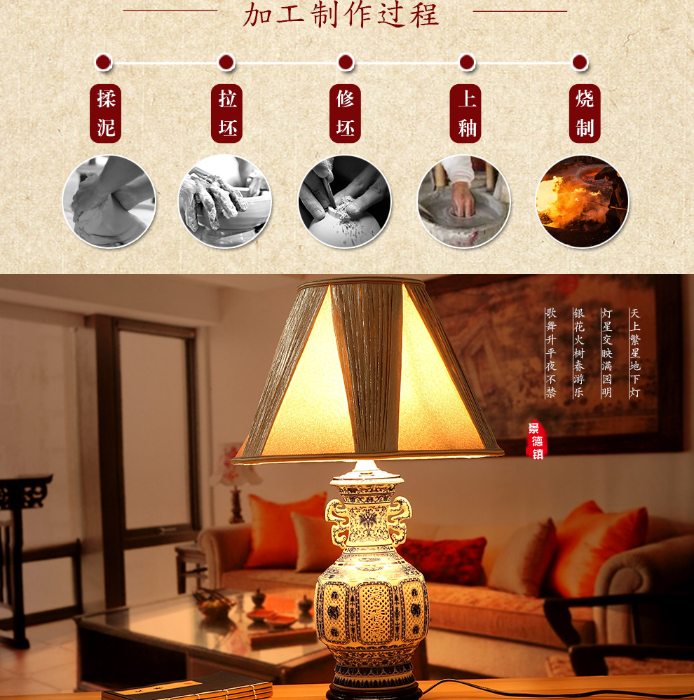 
                                        新中式陶瓷装饰台灯客厅 卧室床头灯具 送光源景德镇唐英青花望灯罩灯罩                