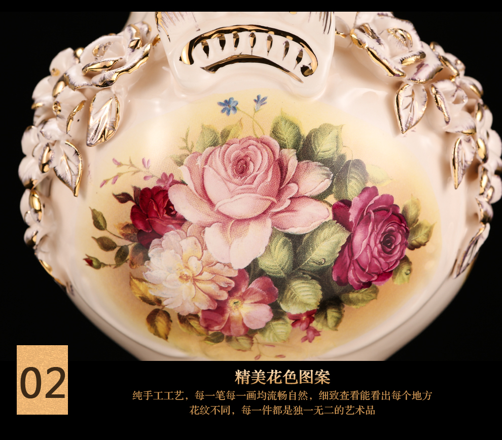 
                                        铂爵皇瓷 欧式陶瓷花瓶花器摆件 高档客厅家居装饰工艺品摆件 180F01金玫瑰 30cm高                