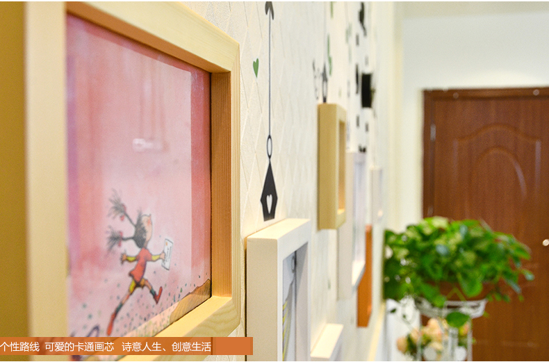 
                                        梓晨 实木照片墙 清新小鸟墙贴钟表相框组合 相框墙相片墙HD-0143 白绿几米抽象组合                