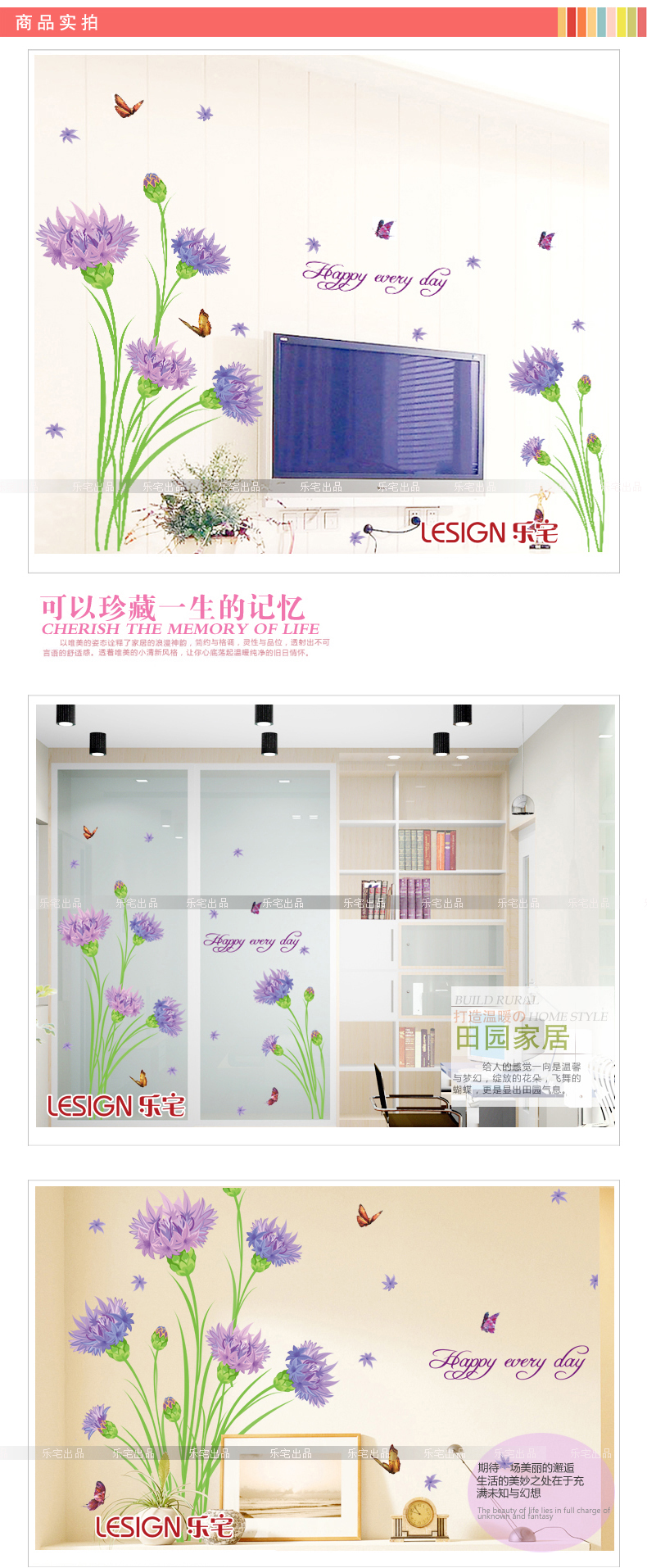 乐宅 客厅花卉电视墙背景装饰墙贴画 卧室婚房浪漫贴纸 可移除温馨康乃馨墙贴纸