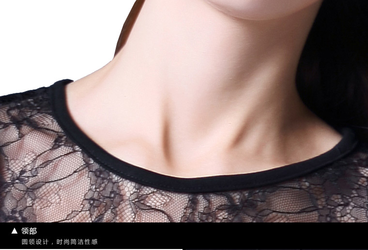 ZK欧美女装 2015秋装新款勾花镂空蕾丝雪纺衫  黑色拼接修身蕾丝打底衫 黑色 M