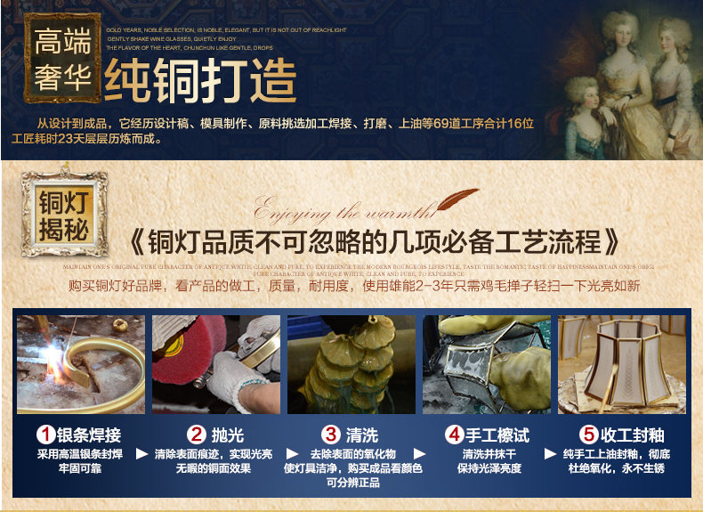 雄能美式客厅吊灯全铜 简约北欧餐厅创意卧室书房铜灯具 6头布艺
