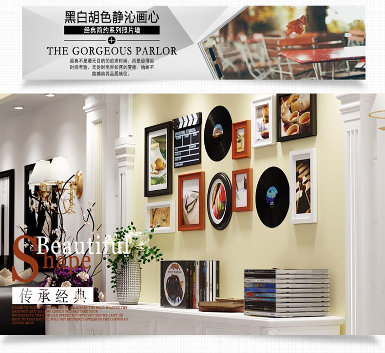 吉朵芸 实木照片墙 客厅背景照片墙 办公室相框组合 创意公司形象装饰设计墙 复古风格 蓝白两色---异国画心