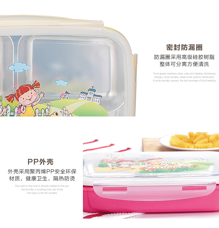 
                                        304不锈钢儿童饭盒可爱餐盘卡通带盖防烫儿童小学生女士便当盒分格粉红蓝色 浅蓝色 一层                