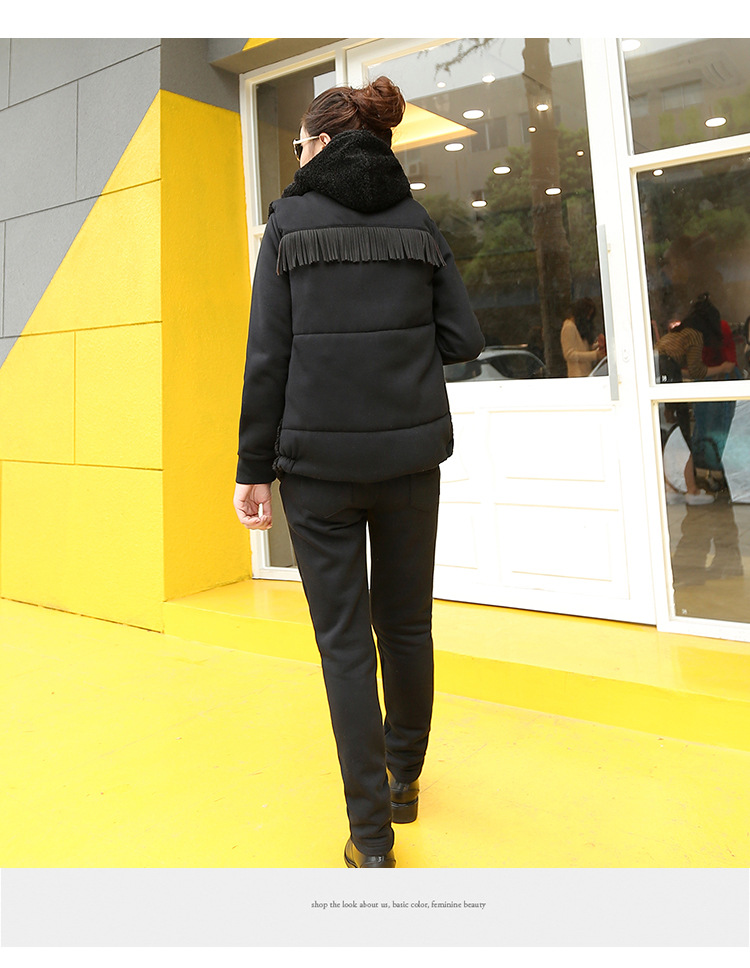 靓淑加厚卫衣女冬2015韩版时尚女装新款连帽马甲运动休闲服三件套套装女 黑色 L
