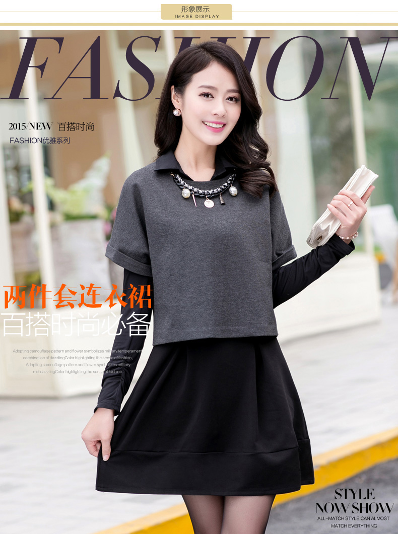妮丝轩纺 2015秋装新款连衣裙修身显瘦长袖两件套女裙 灰色 4XL