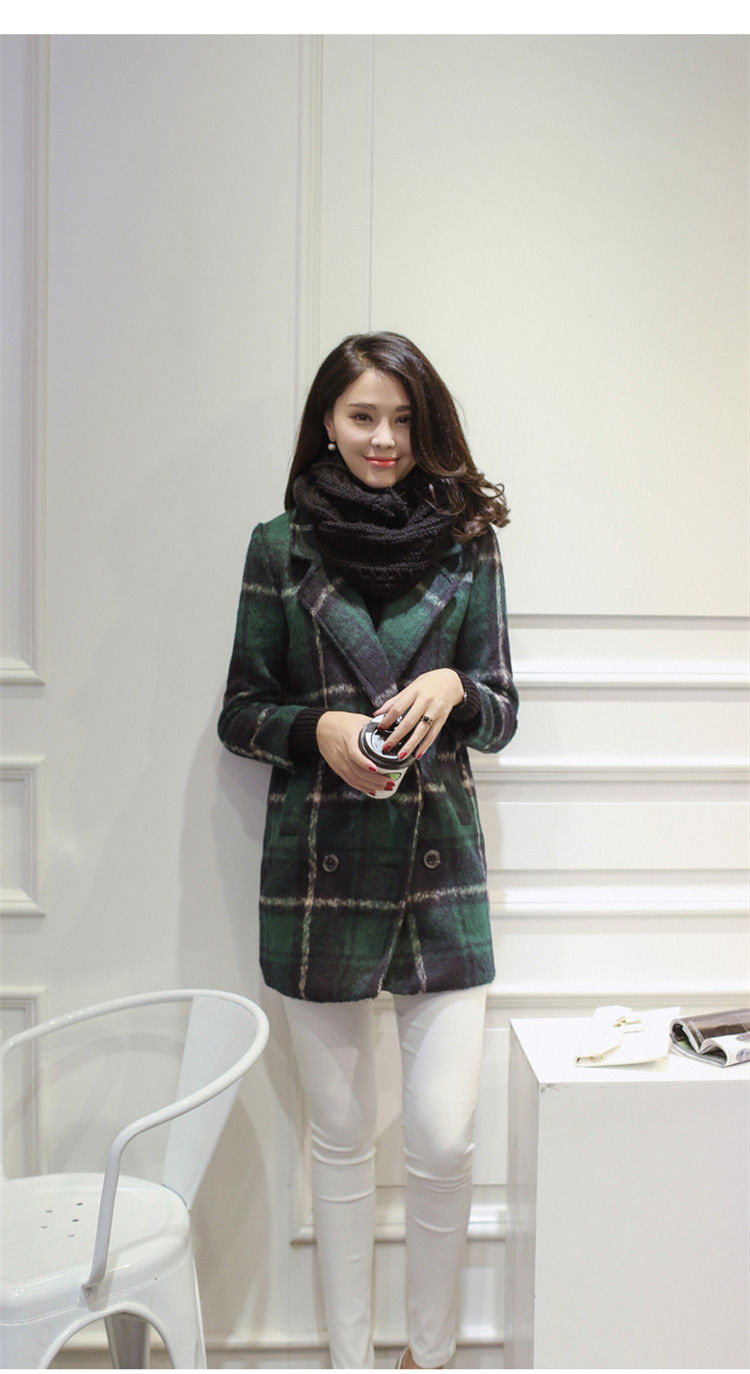 E77℃ 欧洲站2015秋冬款女装中长款英伦格子毛呢大衣韩版风衣加厚保暖毛呢外套潮 9680#绿格子 XL