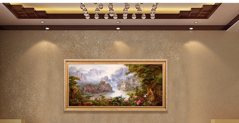 
                                        纵海艺术 办公室油画 聚财旺运 现代中式客厅沙发背景墙壁挂画 风景山水画 聚宝盆装饰画 标准款画框 80*160                