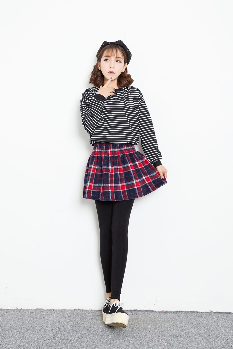 娇女坊  2015秋冬季新款假两件加绒加厚打底格子短裙修身紧身长裤裙裤女 红色 均码