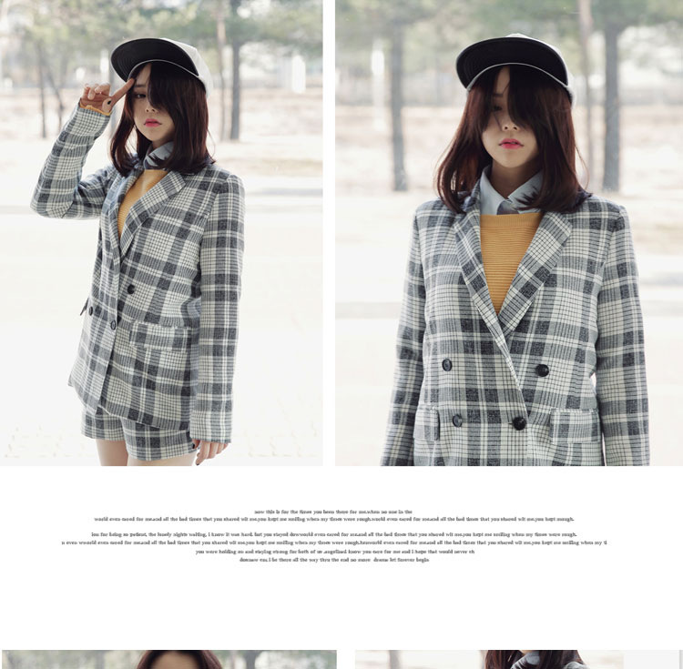 靓莎绮2015秋冬韩版个性长袖宽松直筒格子西服套装+外套两件套Y3614 深灰色 L