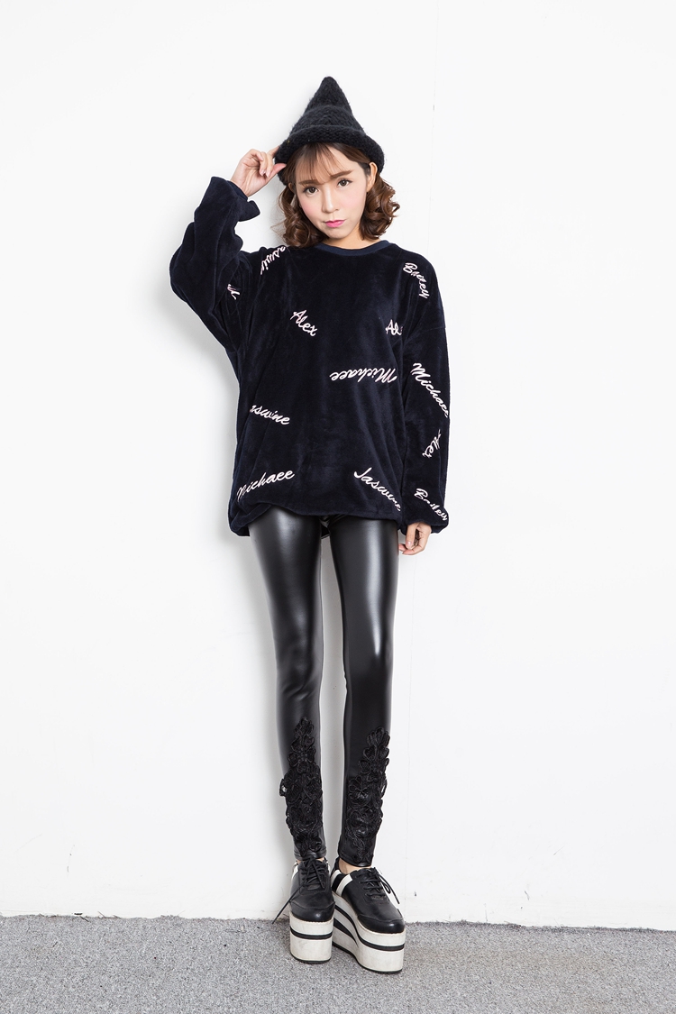 芮婕服装店* 2015秋冬新款韩版修身PU皮打底裤 花边裤脚皮裤小脚裤G1527# 黑色 均码