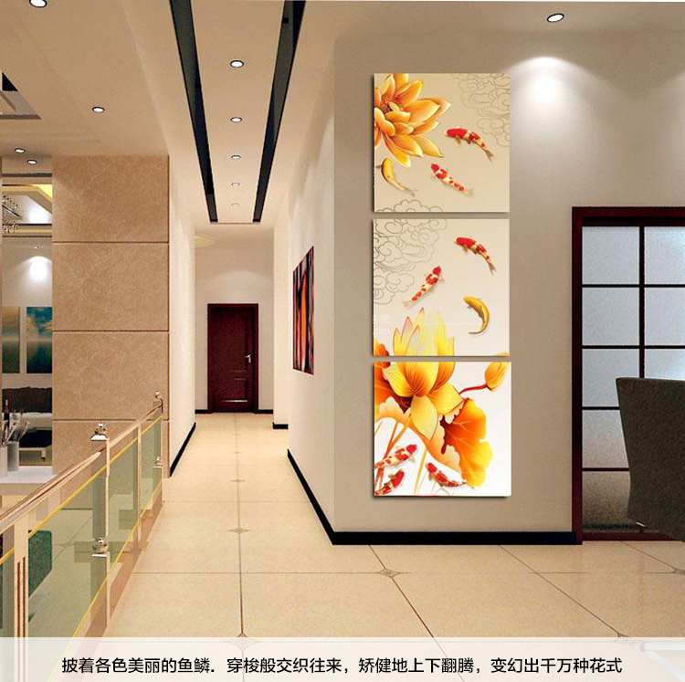 孖堡家居油画 客厅现代装饰画挂画壁画 荷花九鱼图竖版装饰画 无框画三联画一整套三件套 70cm*70cm*3副